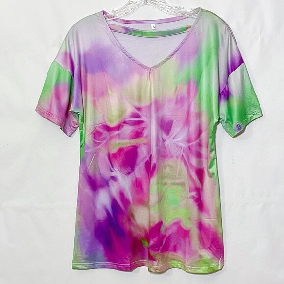 Tie-dye V-neck Short-sleeve Casual Tee Purple Mint - Picture 2 of 7